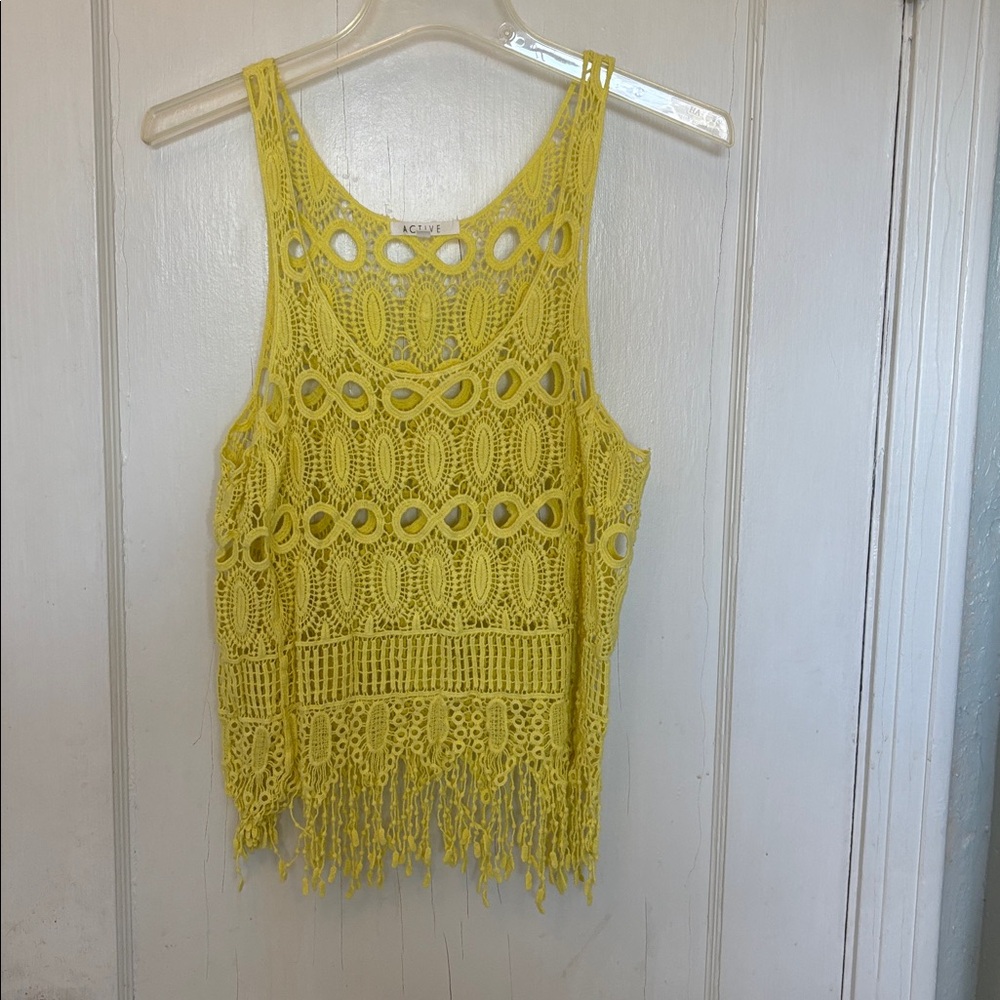 Active USA Lemon Crochet Tank with Fringe
